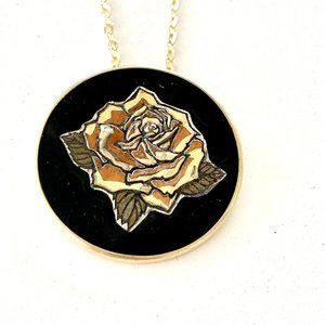 Vintage Reed & Barton Black Rose Damascene Necklace Pendant Gold Plated Enamel